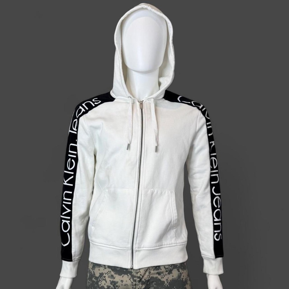 Calvin Klein Jeans Logo Sleeve Zip Hoodie White Black Size M CKJ